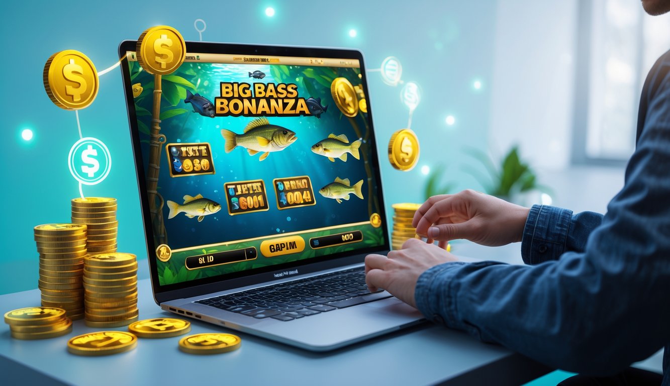 Seseorang menggunakan komputer dengan tampilan permainan slot bertema memancing ikan besar, dikelilingi ikon koin dan hadiah digital.