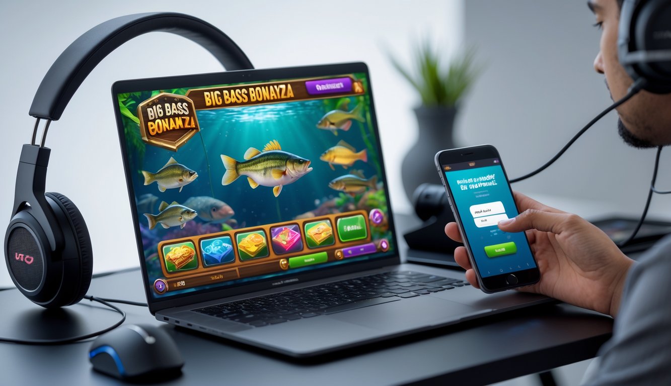 Sebuah meja dengan laptop yang menampilkan permainan slot bertema memancing dan tangan yang menggunakan ponsel untuk melakukan deposit cepat.