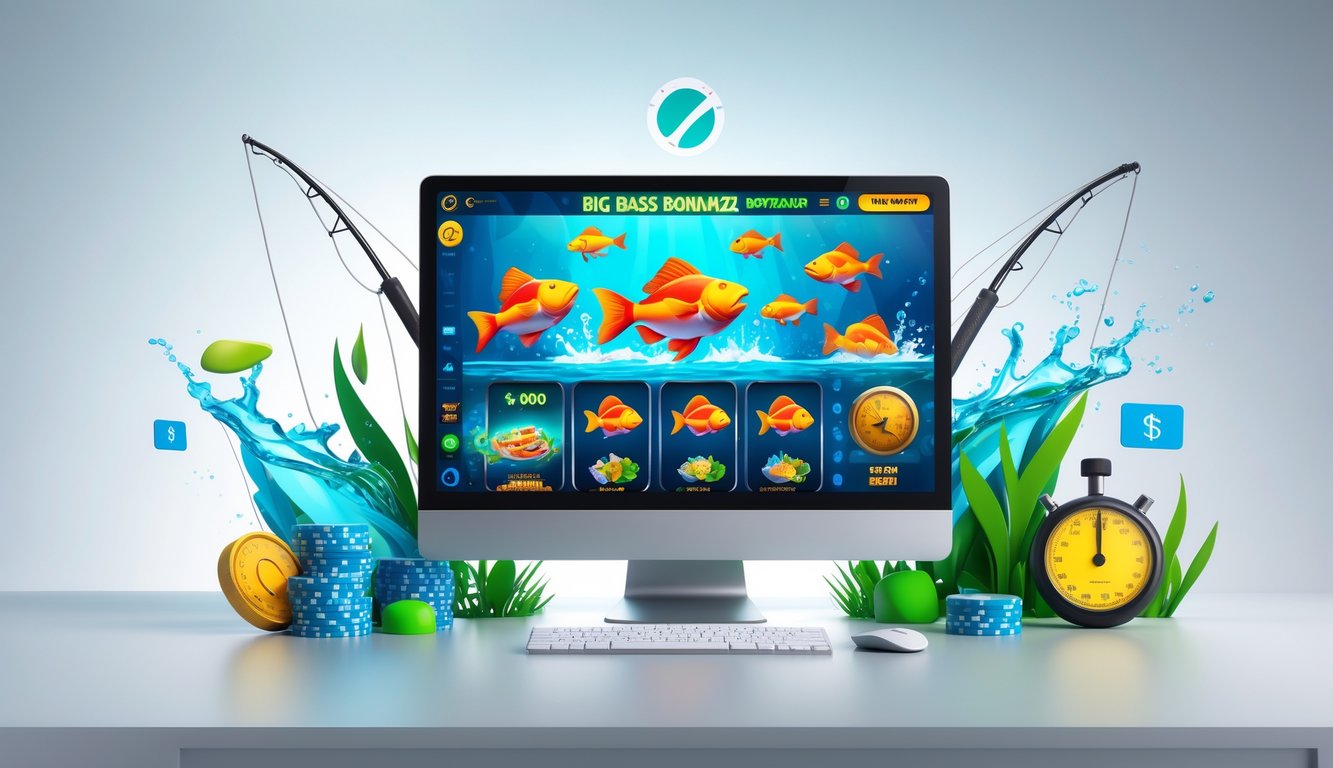 Sebuah meja dengan komputer yang menampilkan permainan slot online bertema memancing, dikelilingi ikon pembayaran digital dan latar belakang biru hijau yang bersih.