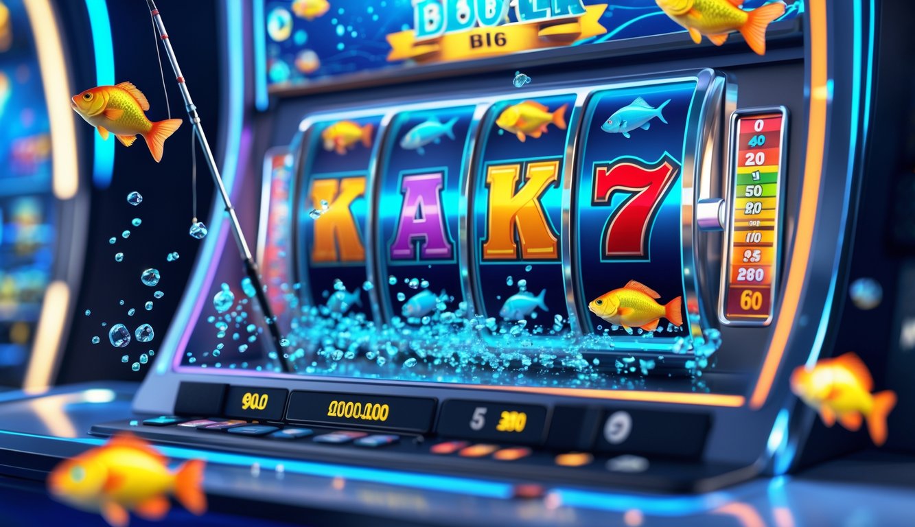 Tampilan antarmuka permainan slot online bertema memancing dengan gambar ikan dan efek air yang hidup.