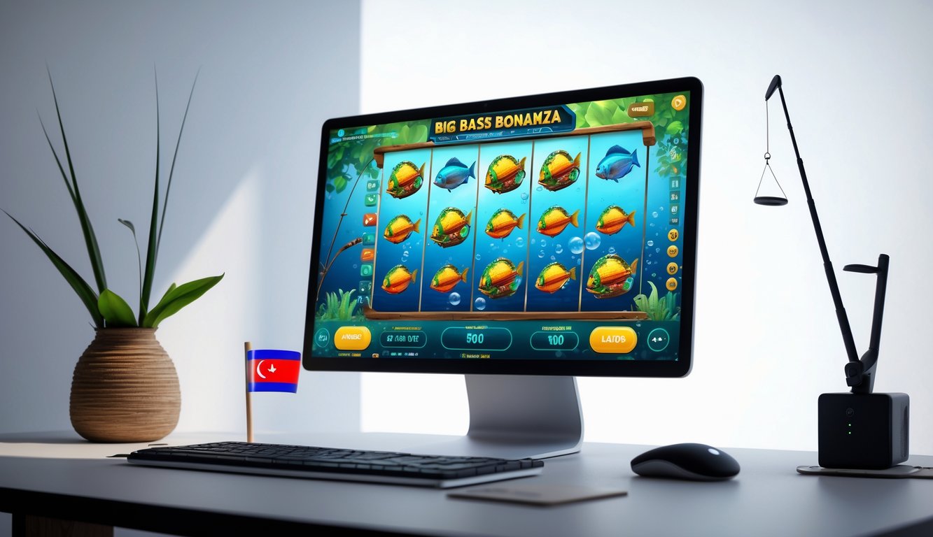 Sebuah komputer menampilkan permainan slot online dengan tema memancing, di meja dengan latar belakang bersih dan elemen budaya Indonesia kecil.