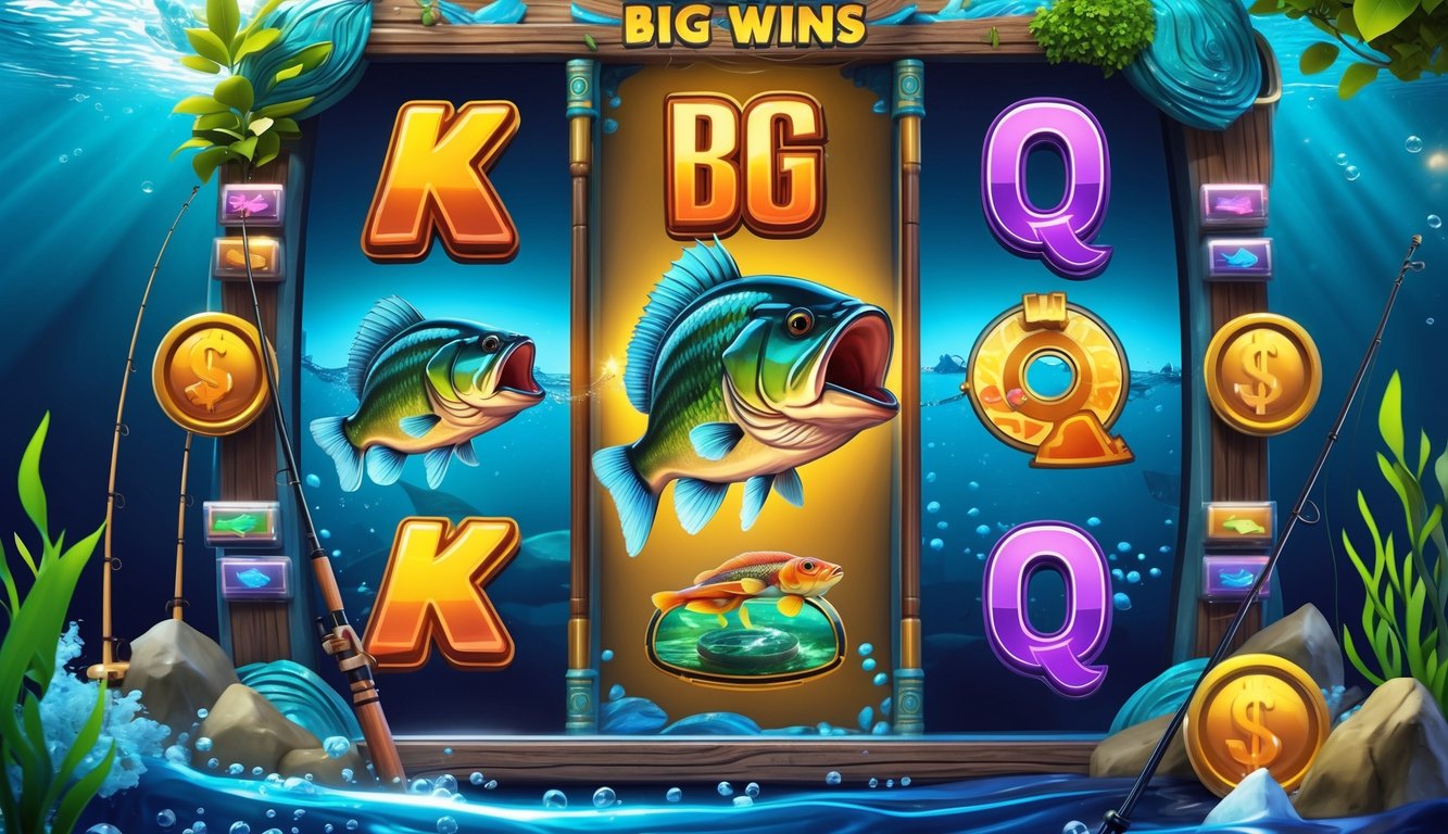 Tampilan layar mesin slot online dengan tema memancing dan ikan bass besar, menampilkan simbol warna-warni dan elemen air.