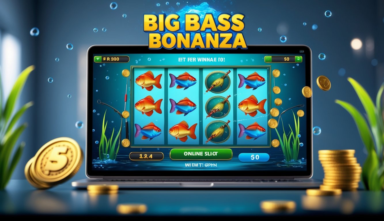 Layar perangkat menampilkan permainan slot online bertema memancing dengan simbol ikan bass besar dan elemen bawah air.