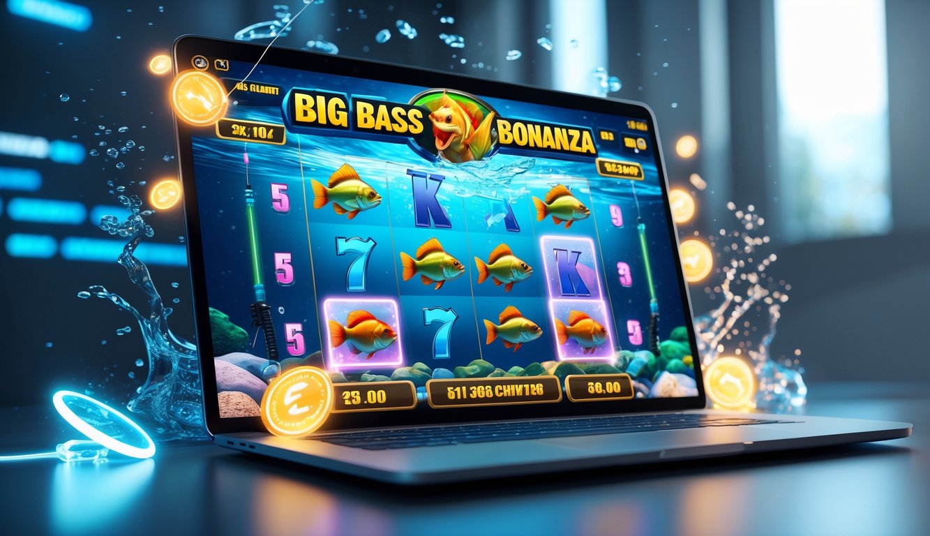 Layar komputer menampilkan permainan slot online dengan tema memancing ikan bass besar, dikelilingi efek cahaya dan latar belakang modern.