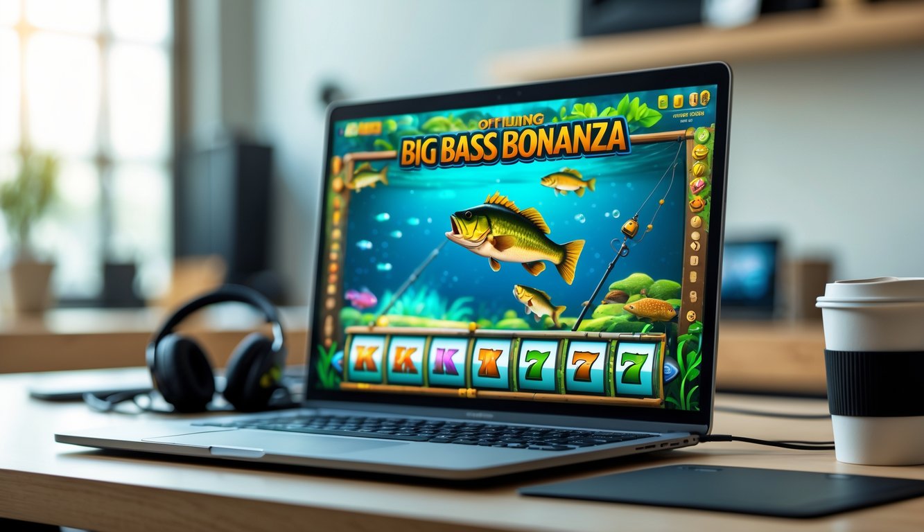 Sebuah komputer modern dengan layar menampilkan permainan slot bertema memancing, di meja kerja yang rapi dengan aksesori gaming di sekitarnya.