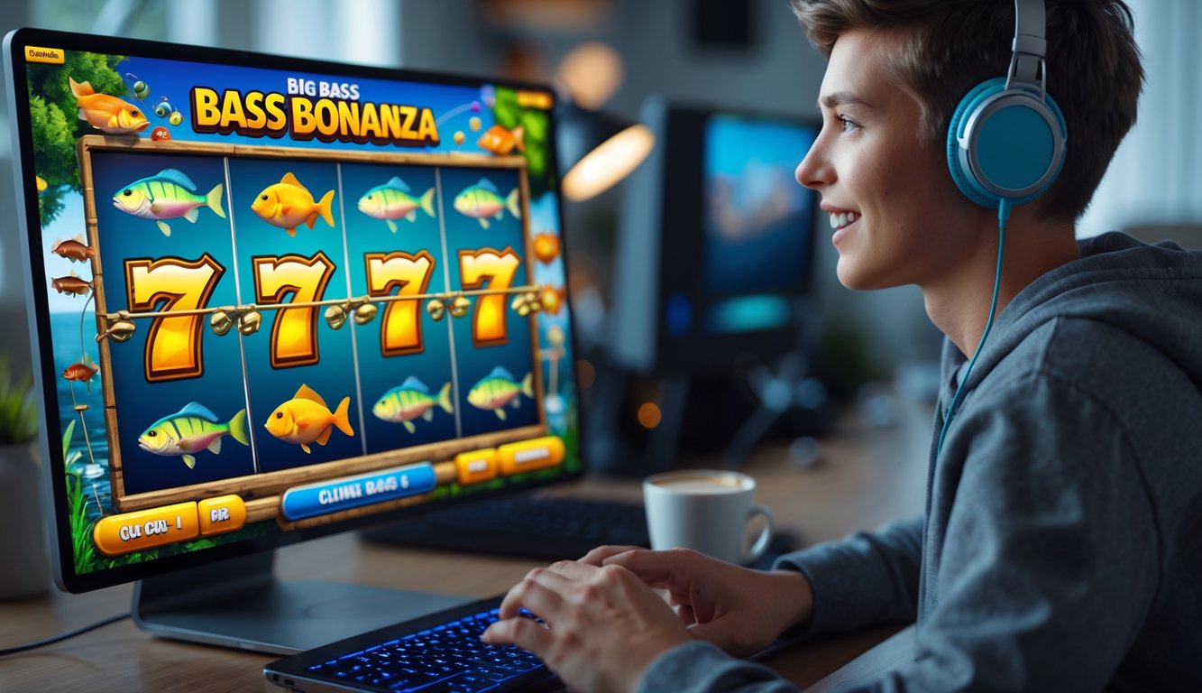 Seorang pemain muda yang fokus bermain permainan slot online Big Bass Bonanza di komputer dengan latar ruangan yang nyaman.