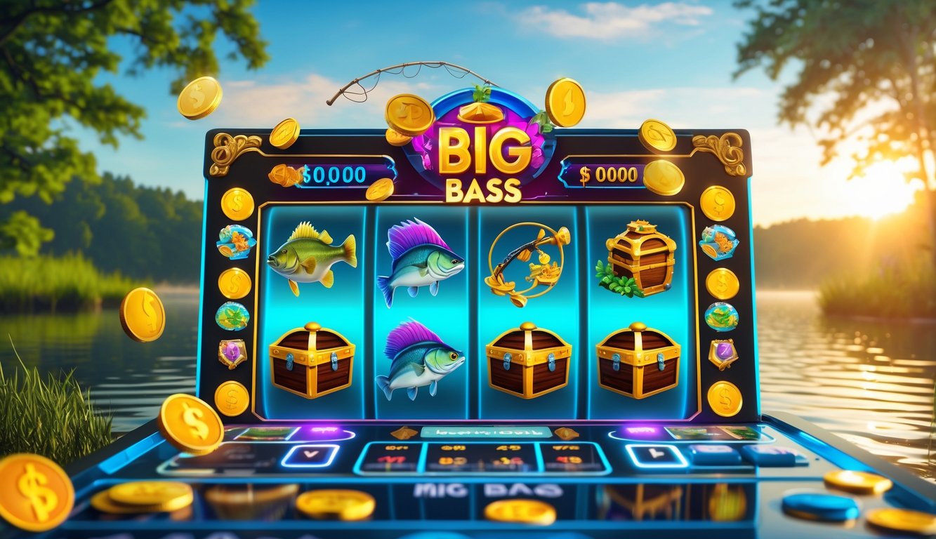 Layar mesin slot digital dengan tema memancing ikan bass besar di latar danau yang tenang saat matahari terbit.