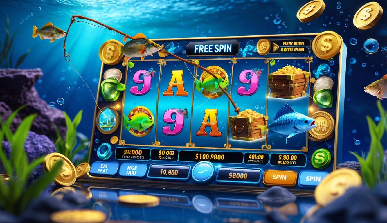 Tampilan mesin slot online dengan tema memancing dan bawah laut yang menampilkan simbol ikan besar, kotak harta karun, dan koin dalam suasana laut biru dengan tanaman air dan gelembung.