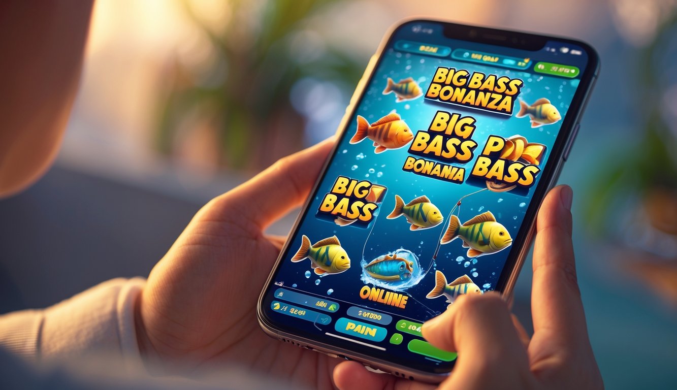 Seseorang memegang ponsel dengan tampilan permainan slot bertema memancing yang menampilkan ikan bass besar dan alat pancing.