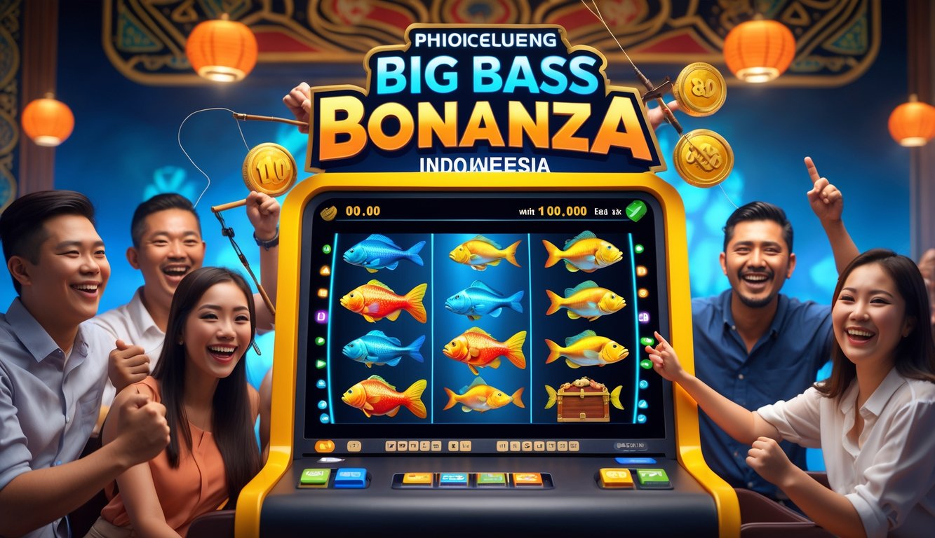 Beberapa pemain Indonesia yang gembira bermain mesin slot bertema memancing dengan simbol ikan bass besar di lingkungan kasino yang cerah dan penuh warna.