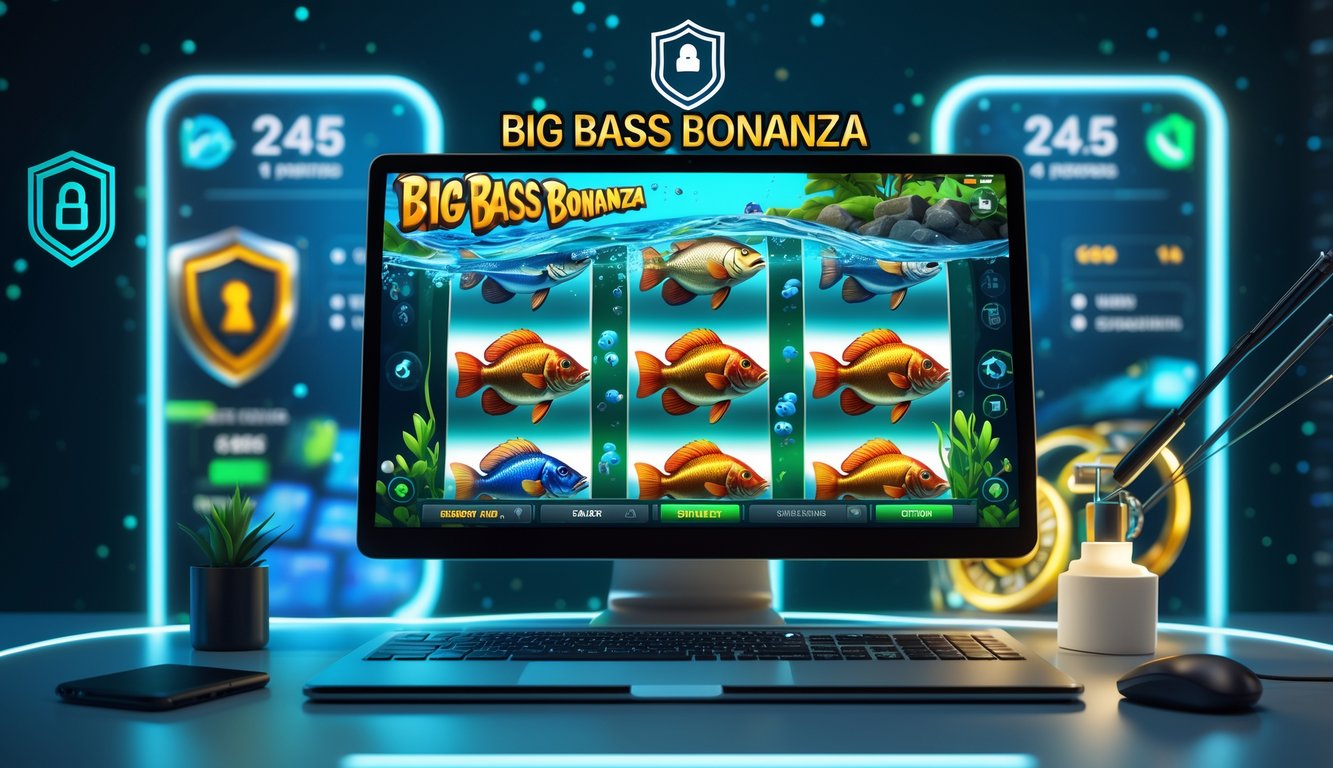 Sebuah ruang kerja modern dengan komputer yang menampilkan permainan slot bertema memancing dan elemen keamanan digital.