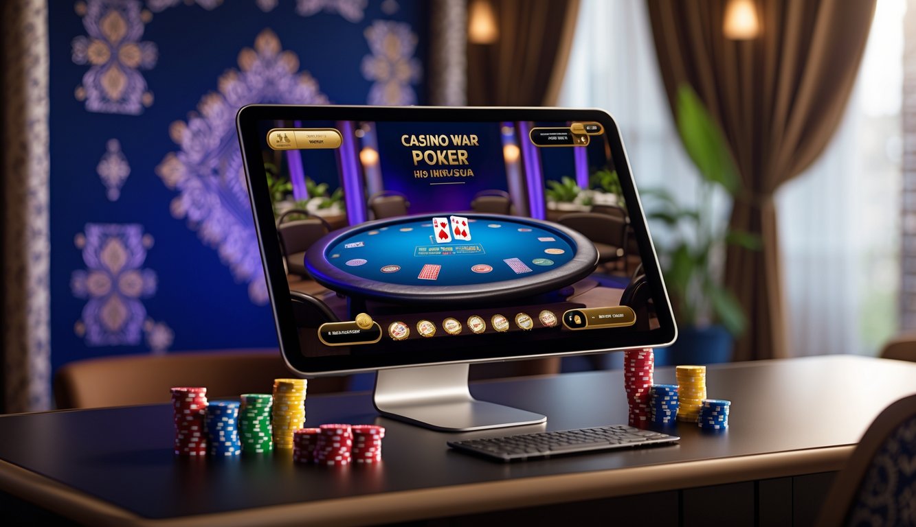 Tampilan layar komputer dengan meja poker online dan kartu serta chip, dikelilingi dekorasi bertema Indonesia.