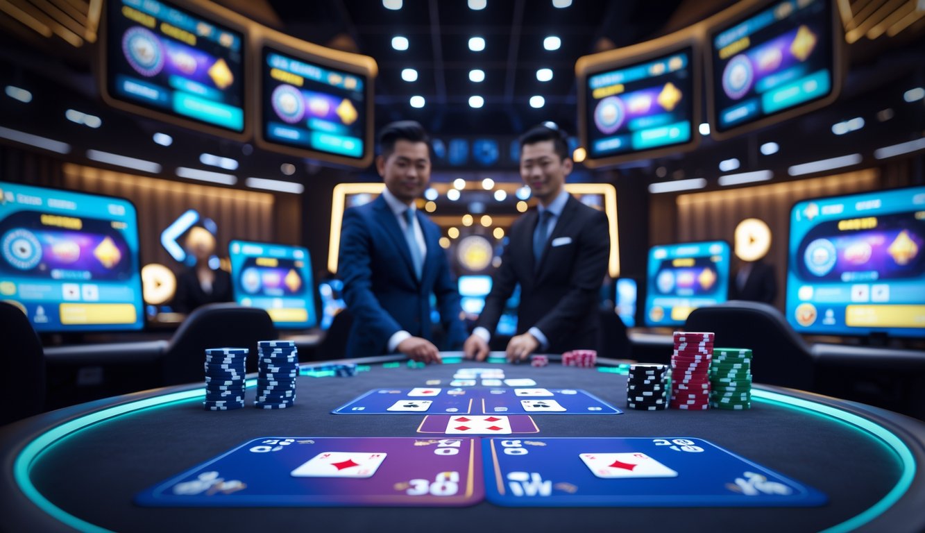 Meja poker digital dengan kartu dan chip, layar komputer menampilkan permainan kasino online, suasana profesional dan modern.