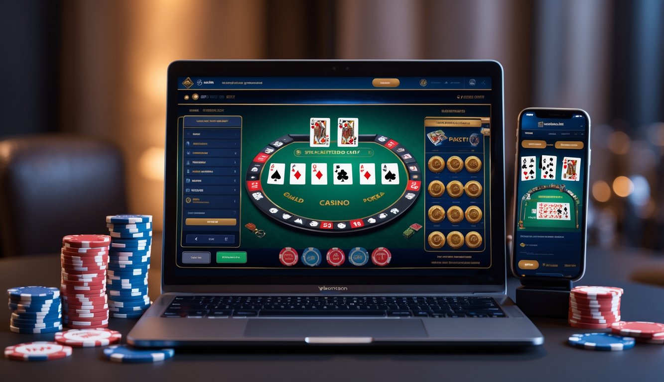 Sebuah meja dengan laptop menampilkan permainan poker online, dikelilingi chip poker dan kartu remi.