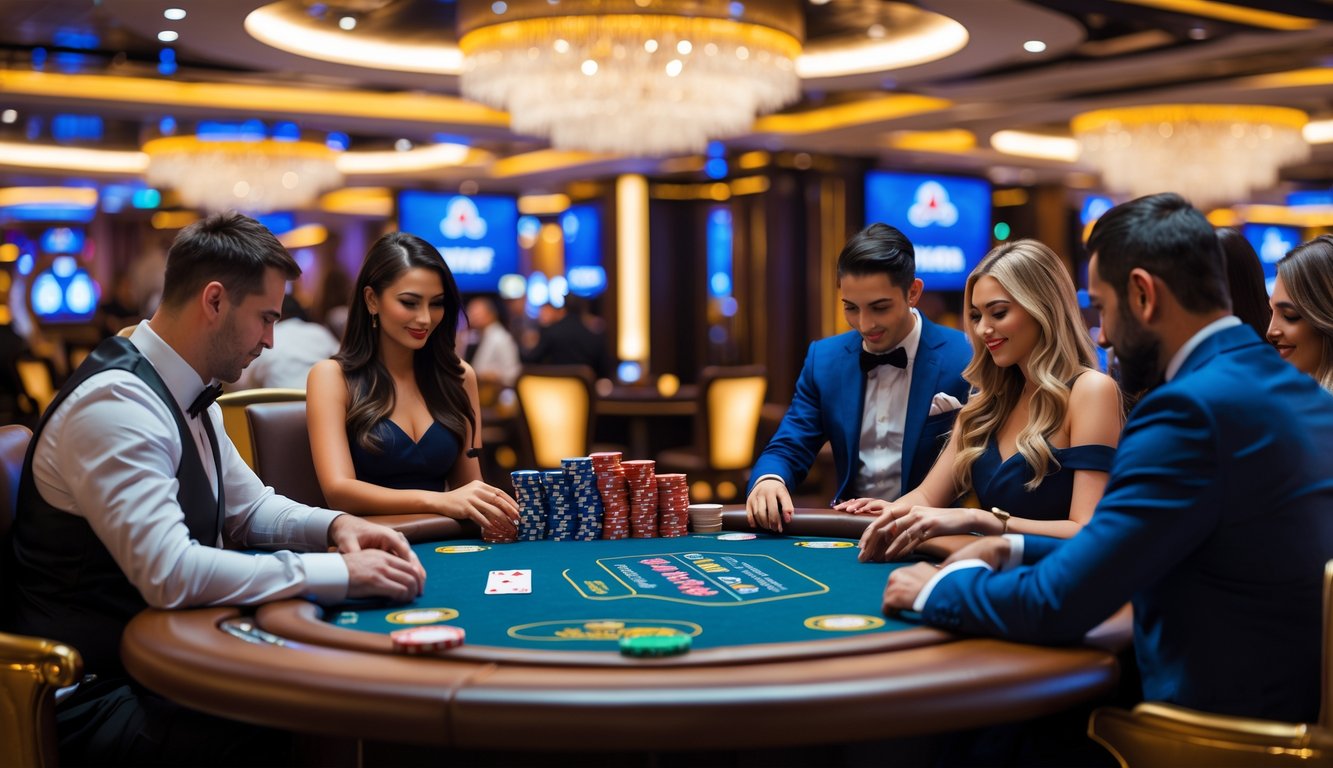 Suasana di dalam kasino dengan meja poker yang dipenuhi pemain yang sedang bermain kartu War Poker.