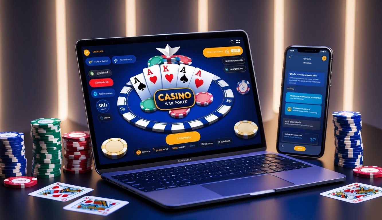 Seorang pemain poker online menggunakan laptop dengan kartu dan chip poker di meja serta ponsel yang menampilkan layanan pelanggan.