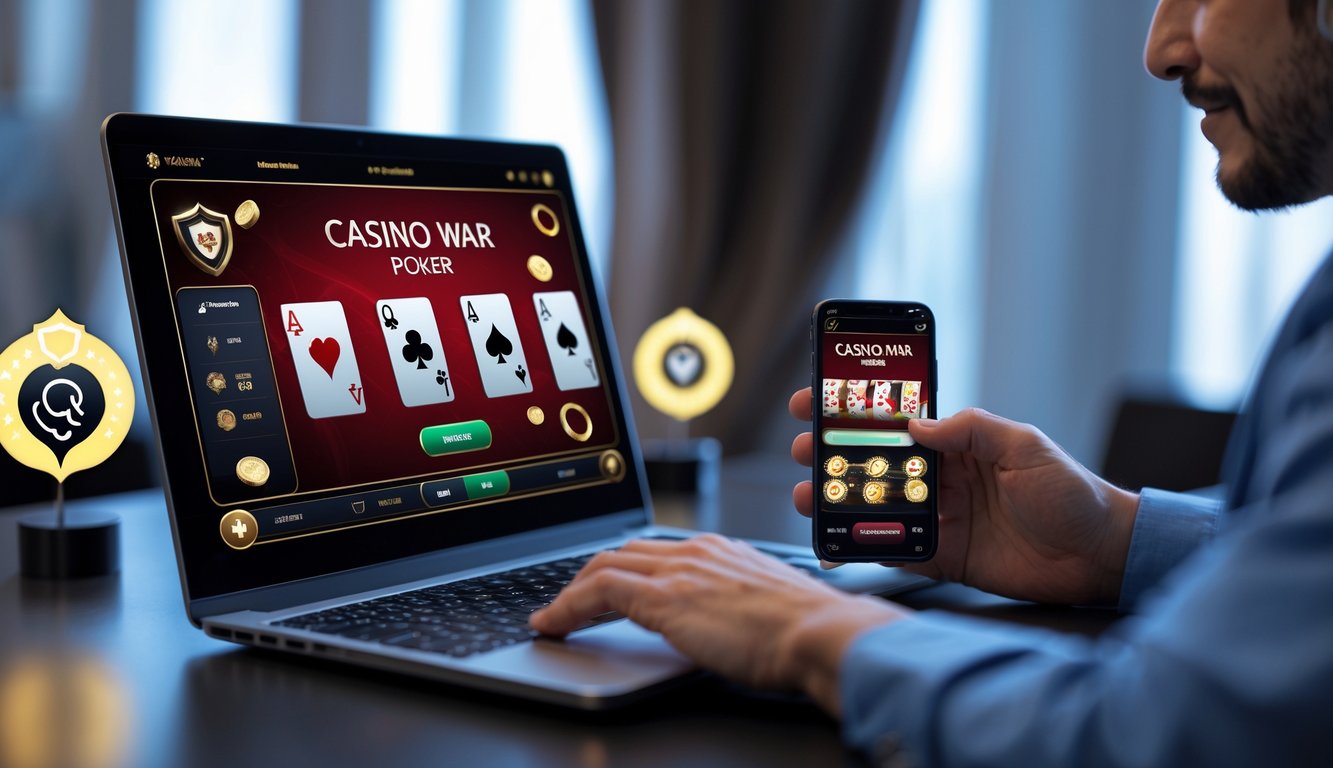 Seorang pemain menggunakan laptop dan ponsel untuk bermain Casino War Poker dengan simbol layanan pelanggan 24 jam dan ikon keamanan di latar belakang.