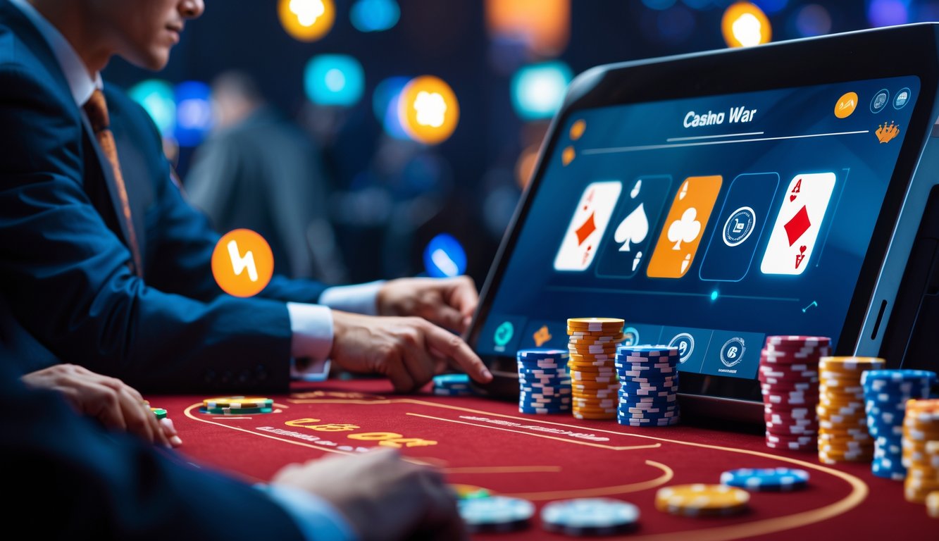 Seorang pemain duduk di meja poker modern dengan kartu dan chip digital, menunjukkan suasana kasino online yang aman dan cepat.