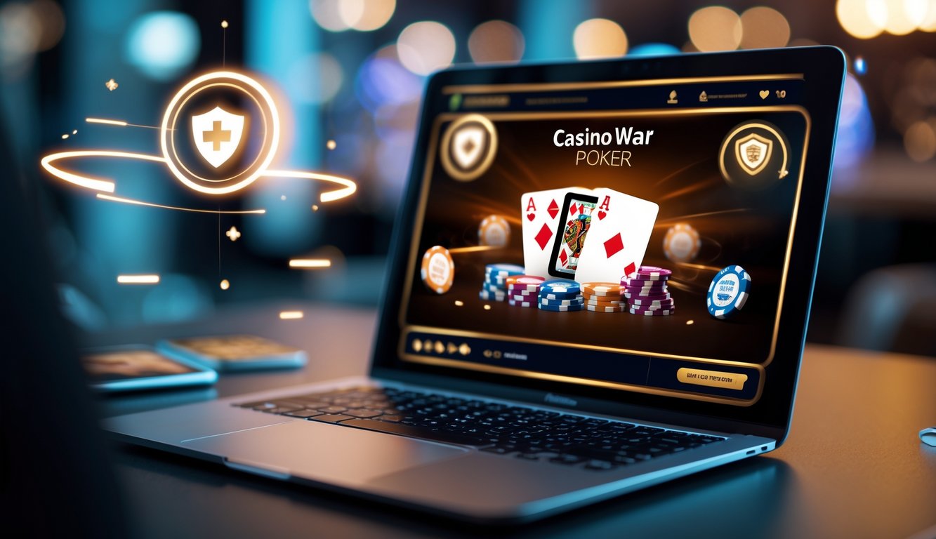 Seorang pemain menggunakan laptop yang menampilkan permainan poker online dengan kartu dan chip, di latar belakang terdapat simbol keamanan dan kecepatan transaksi.