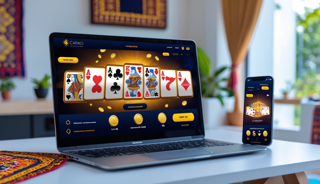 Tampilan antarmuka permainan poker online pada laptop dan ponsel di meja kerja dengan dekorasi tradisional Indonesia di latar belakang.