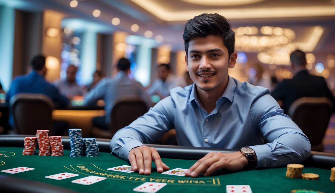 Seorang pria muda duduk di meja kasino dengan kartu dan chip poker, terlihat fokus bermain.