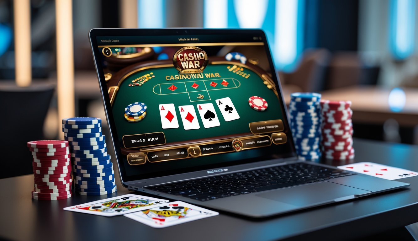Tampilan komputer dengan permainan casino war poker online, kartu dan chip poker di meja, suasana ruang kerja yang rapi.