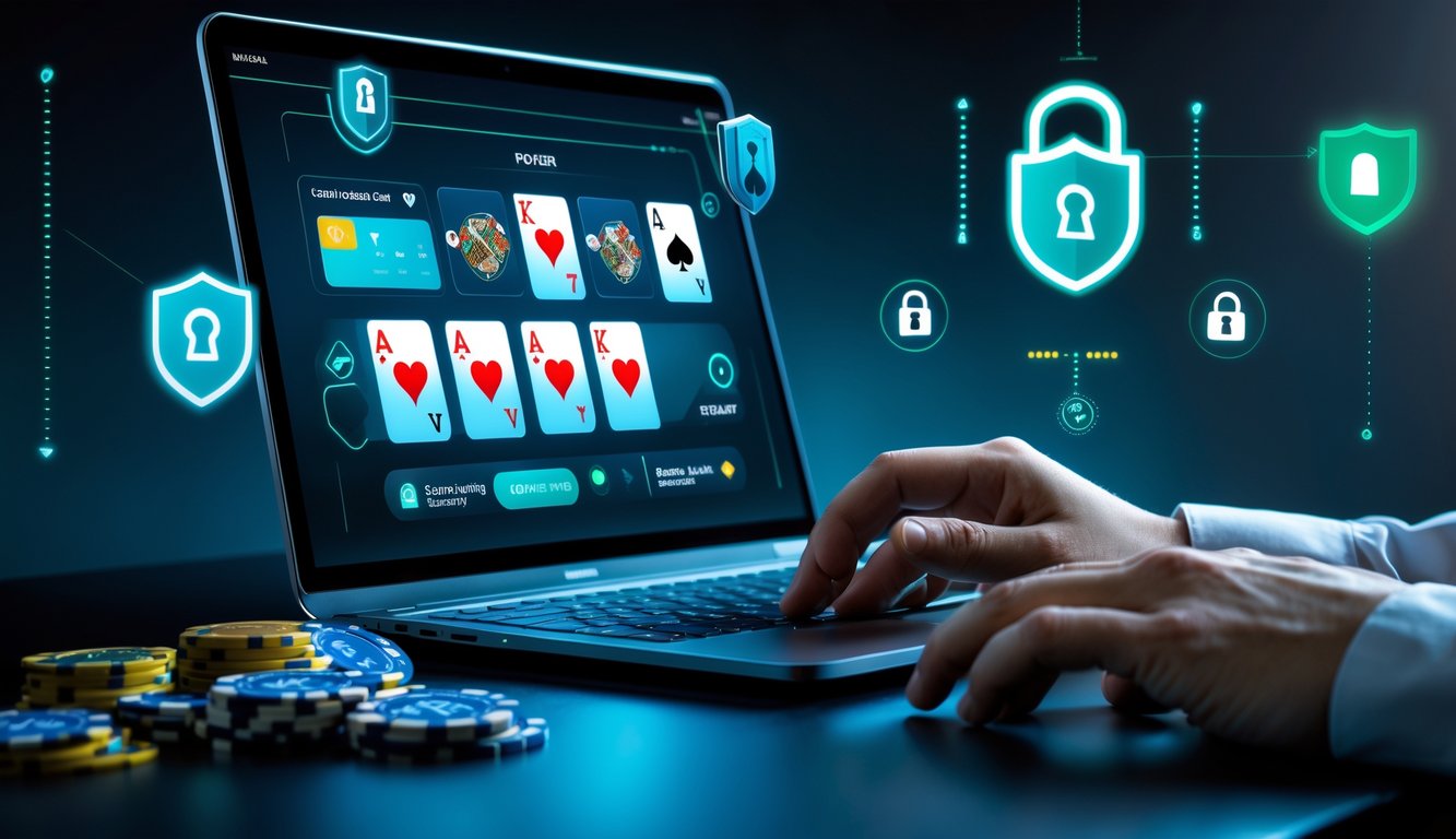 Seorang pemain menggunakan laptop untuk bermain poker online dengan latar belakang yang menunjukkan simbol keamanan dan suasana yang stabil.