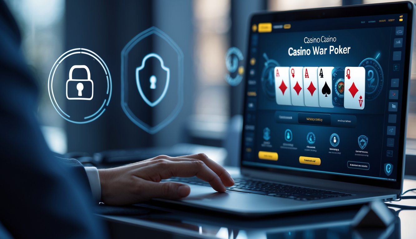 Seorang pemain menggunakan komputer untuk bermain poker online dengan latar belakang yang menampilkan simbol keamanan digital.
