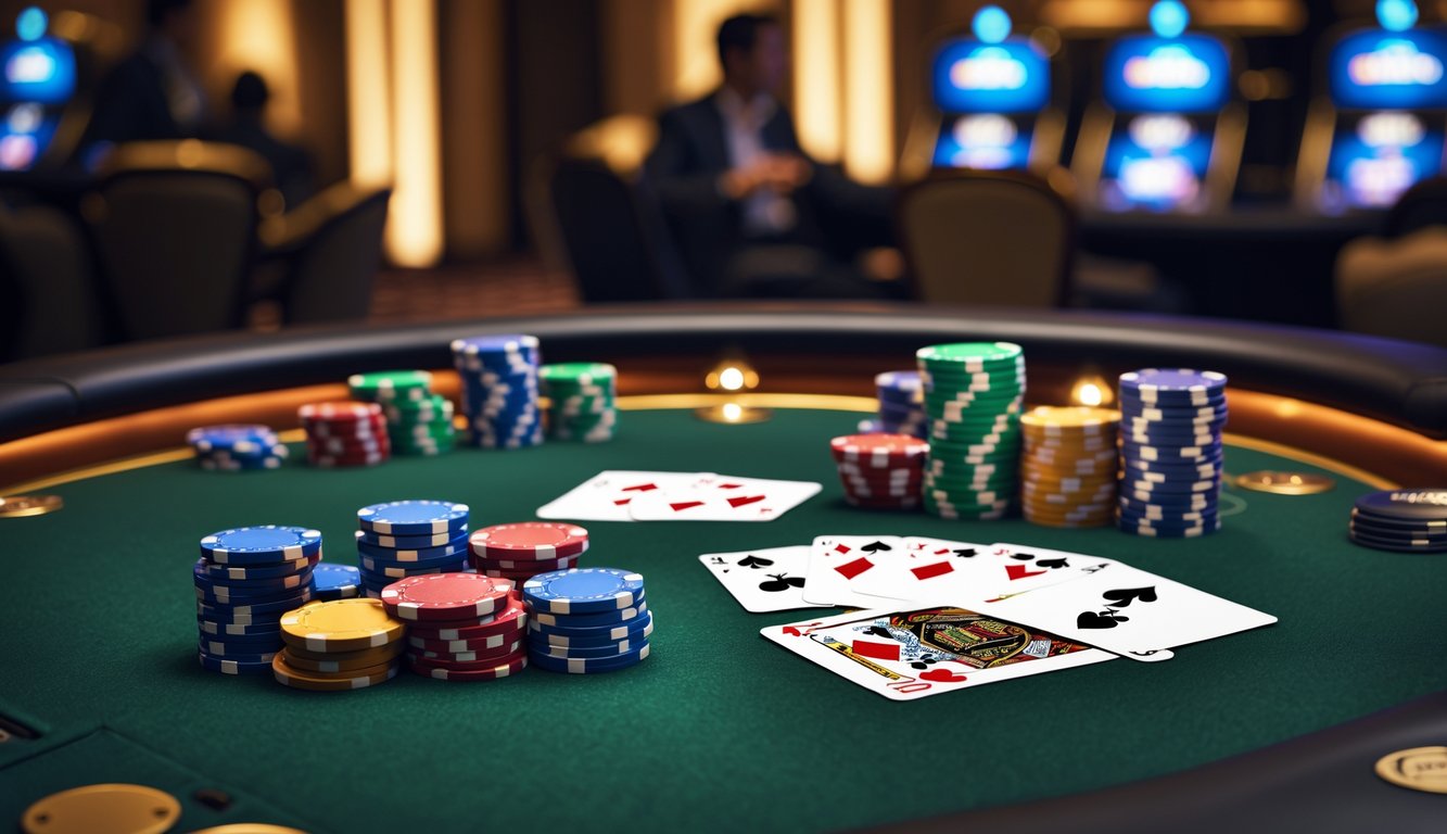 Meja poker kasino dengan tumpukan chip dan kartu bermain yang menunjukkan tangan menang.