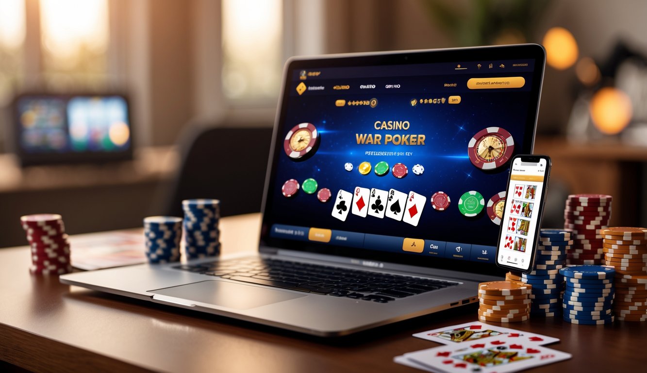 Seseorang bermain poker online dengan laptop dan chip poker di meja dalam ruangan yang nyaman.