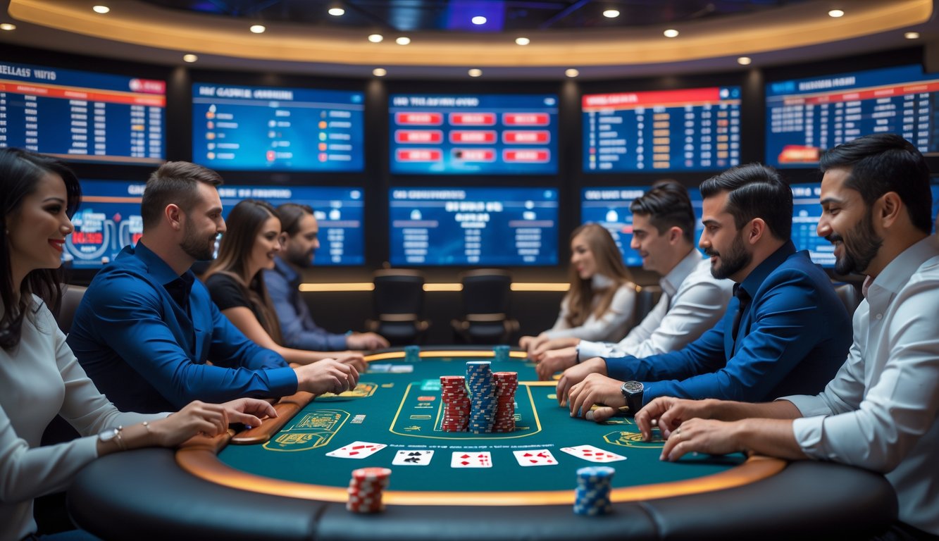 Suasana permainan Casino War Poker online dengan meja poker digital, kartu dan chip, serta pemain yang fokus bermain.