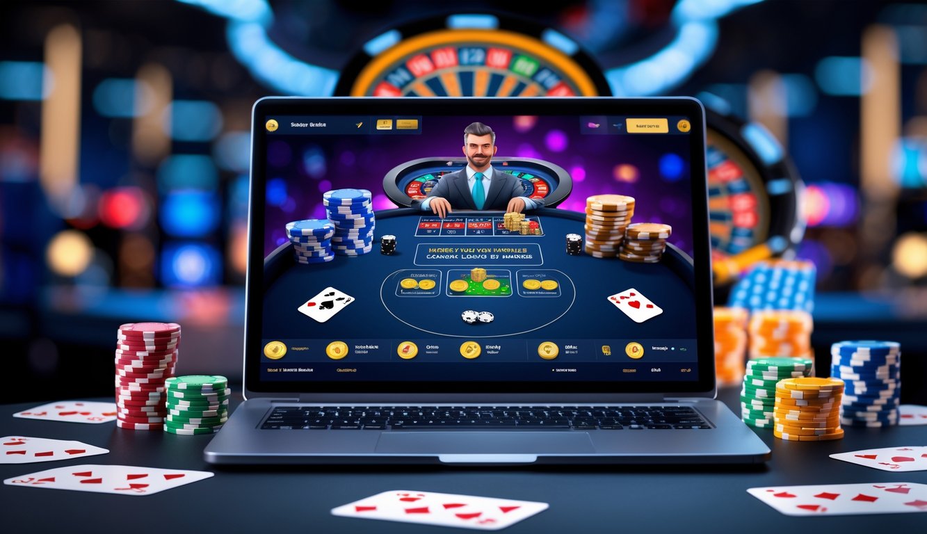 Seorang pemain sedang menggunakan laptop dengan tampilan permainan Casino War Poker online, dikelilingi oleh chip poker dan kartu remi.