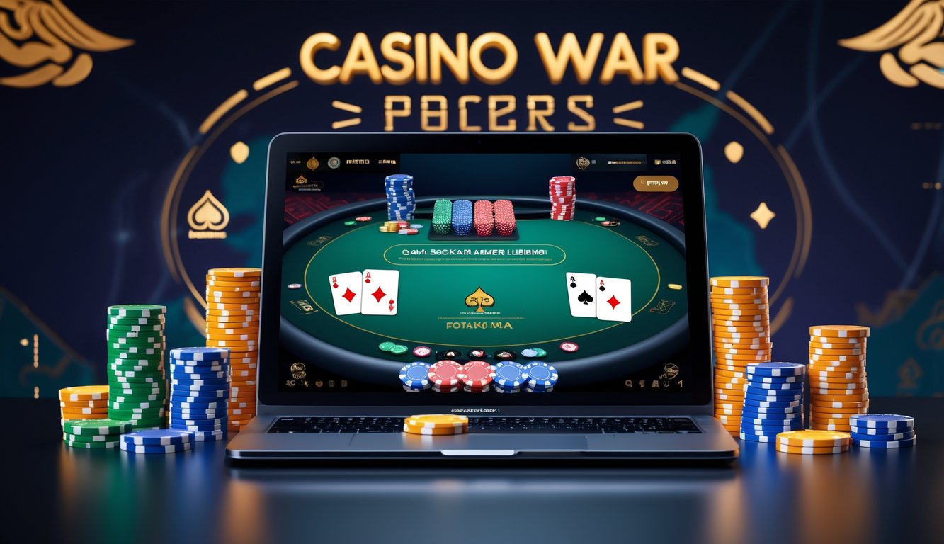 Layar laptop menampilkan permainan poker online dengan kartu dan chip poker di meja digital, latar belakang menampilkan elemen budaya Indonesia yang samar.