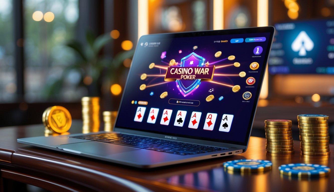 Sebuah komputer menampilkan permainan poker online dengan kartu dan chip di meja kayu, dikelilingi oleh simbol keamanan dan bonus, menciptakan suasana kasino online yang terpercaya dan menarik.