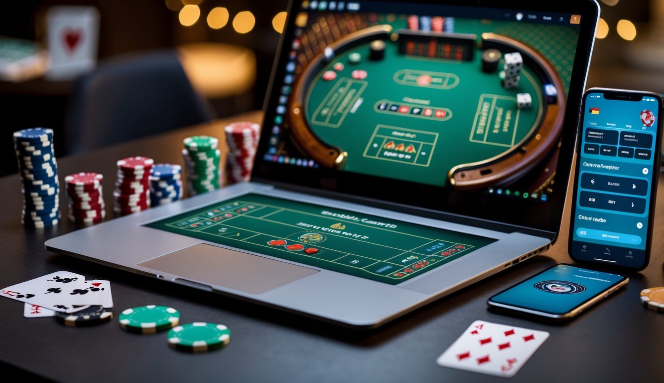 Sebuah meja permainan dadu online yang ditampilkan di layar laptop dengan dadu yang sedang dilempar, dikelilingi oleh chip poker dan kartu remi.