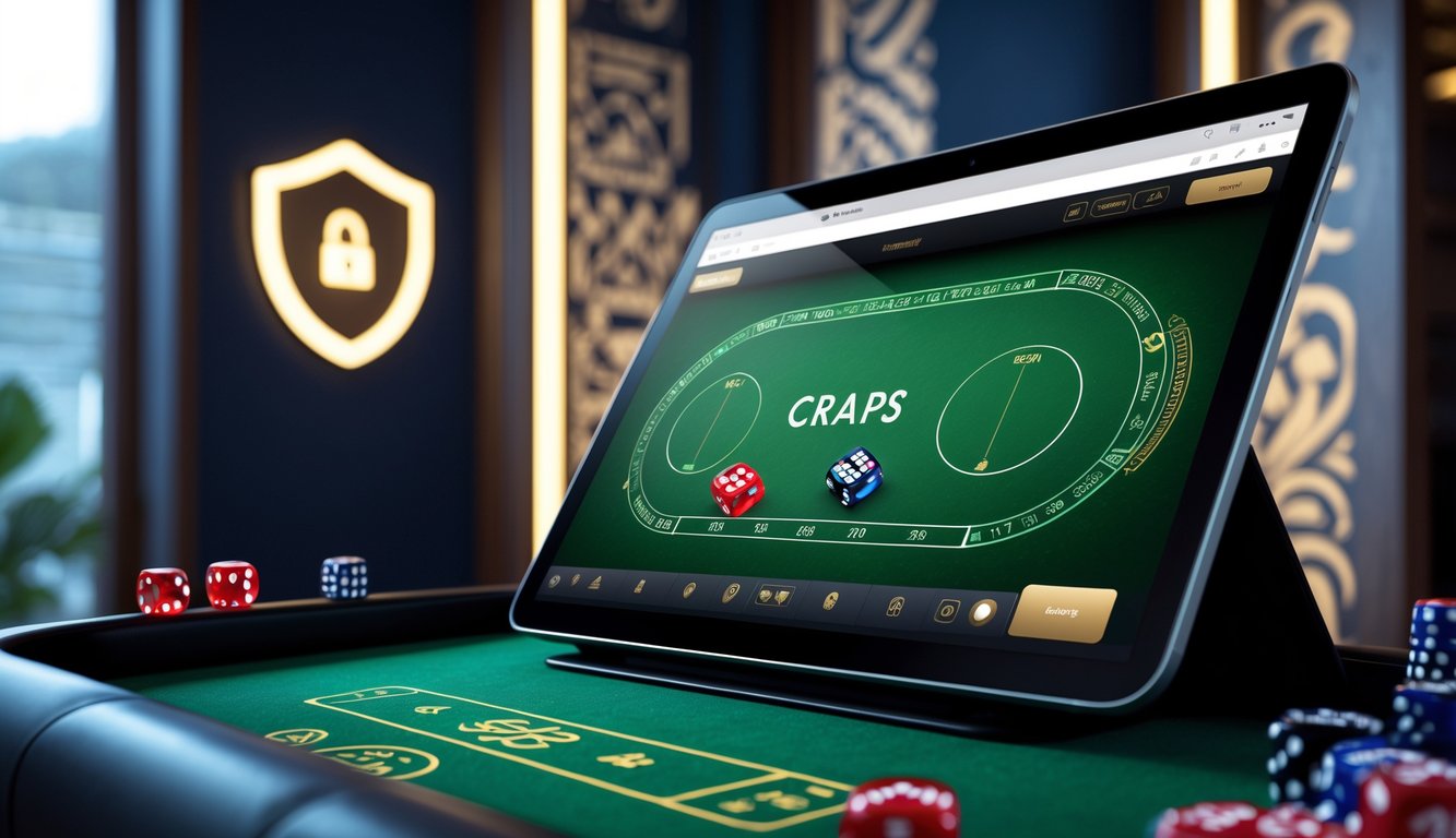 Meja permainan craps digital dengan dadu sedang dilempar di layar komputer, dikelilingi simbol keamanan dan dekorasi bernuansa Indonesia.