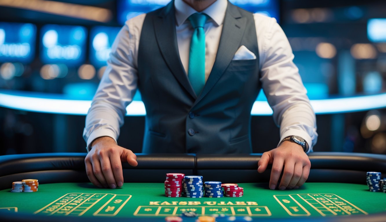 Seorang dealer profesional berdiri di belakang meja craps di kasino online dengan suasana modern dan pencahayaan yang hangat.