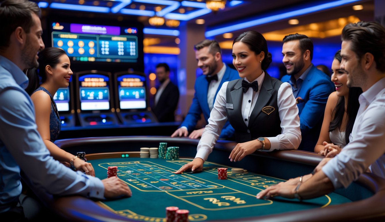 Seorang dealer profesional sedang memimpin permainan craps di meja kasino dengan beberapa pemain yang fokus dan suasana kasino yang ramai.