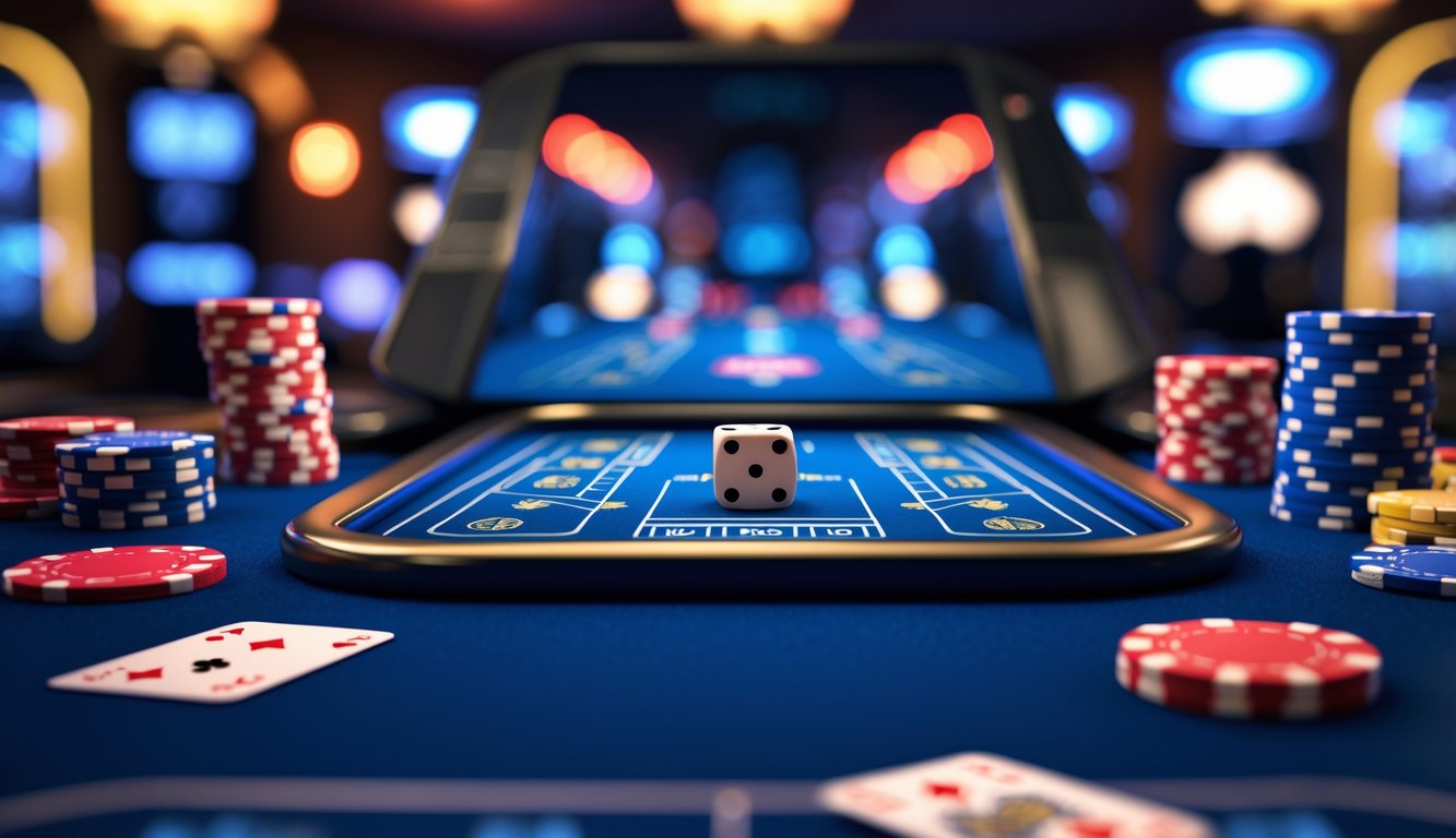 Meja permainan craps digital dengan dadu yang sedang dilempar di layar perangkat elektronik, dikelilingi oleh chip poker dan kartu remi dalam suasana kasino online.