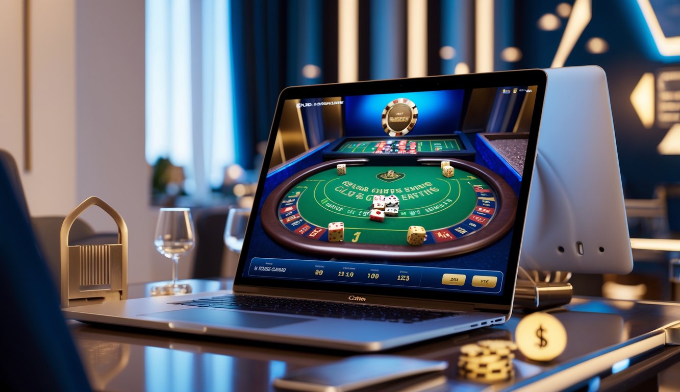 Sebuah meja permainan craps digital di layar komputer dengan dadu dan chip, di lingkungan kerja yang bersih dan modern.