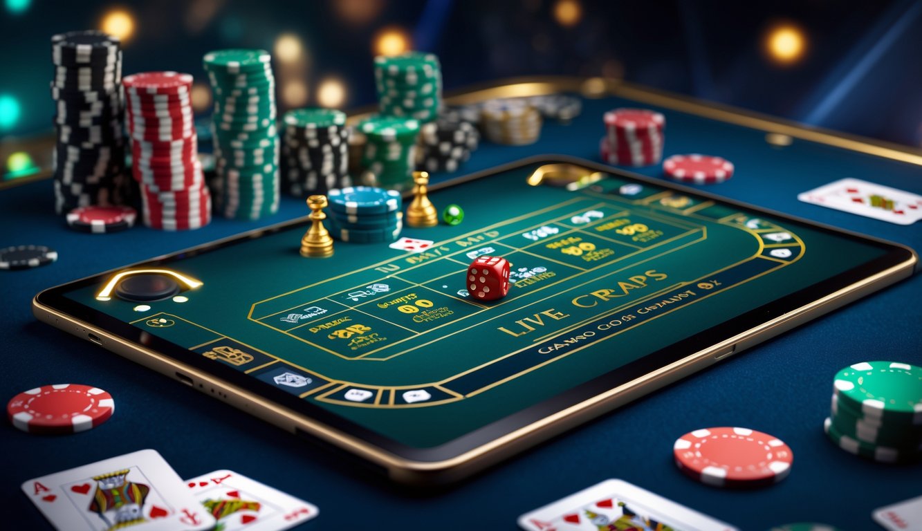 Suasana permainan craps online dengan meja digital dan dadu yang sedang dilempar di layar perangkat elektronik, dikelilingi oleh chip poker dan kartu remi.