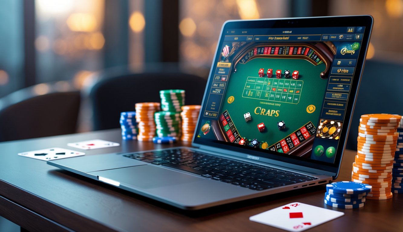 Seorang pemain menggunakan laptop dengan permainan craps online di layar, dikelilingi oleh chip kasino dan dadu di atas meja kayu.