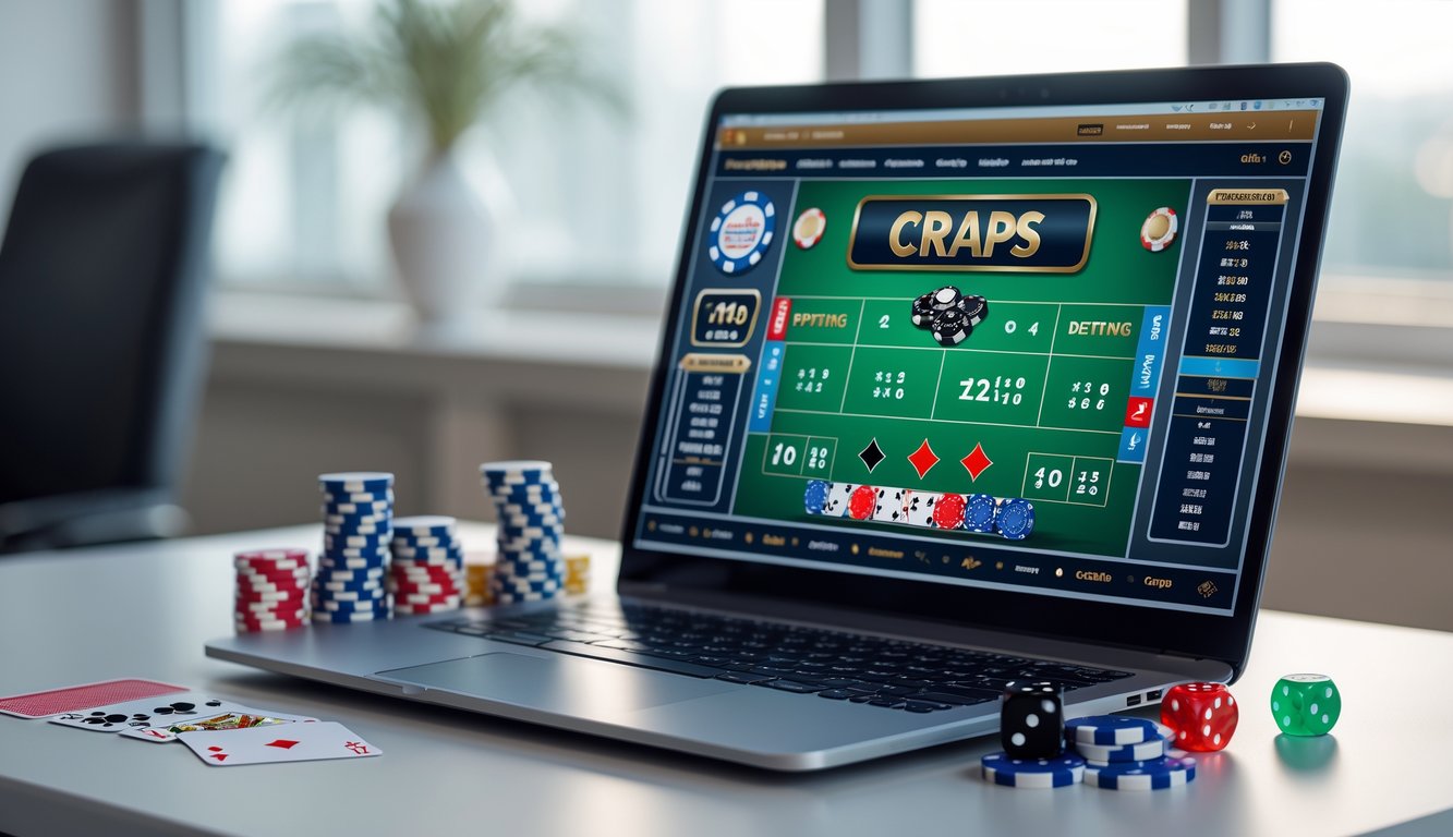 Seorang pemula sedang bermain permainan craps online di komputer dengan dadu dan chip kasino di meja.