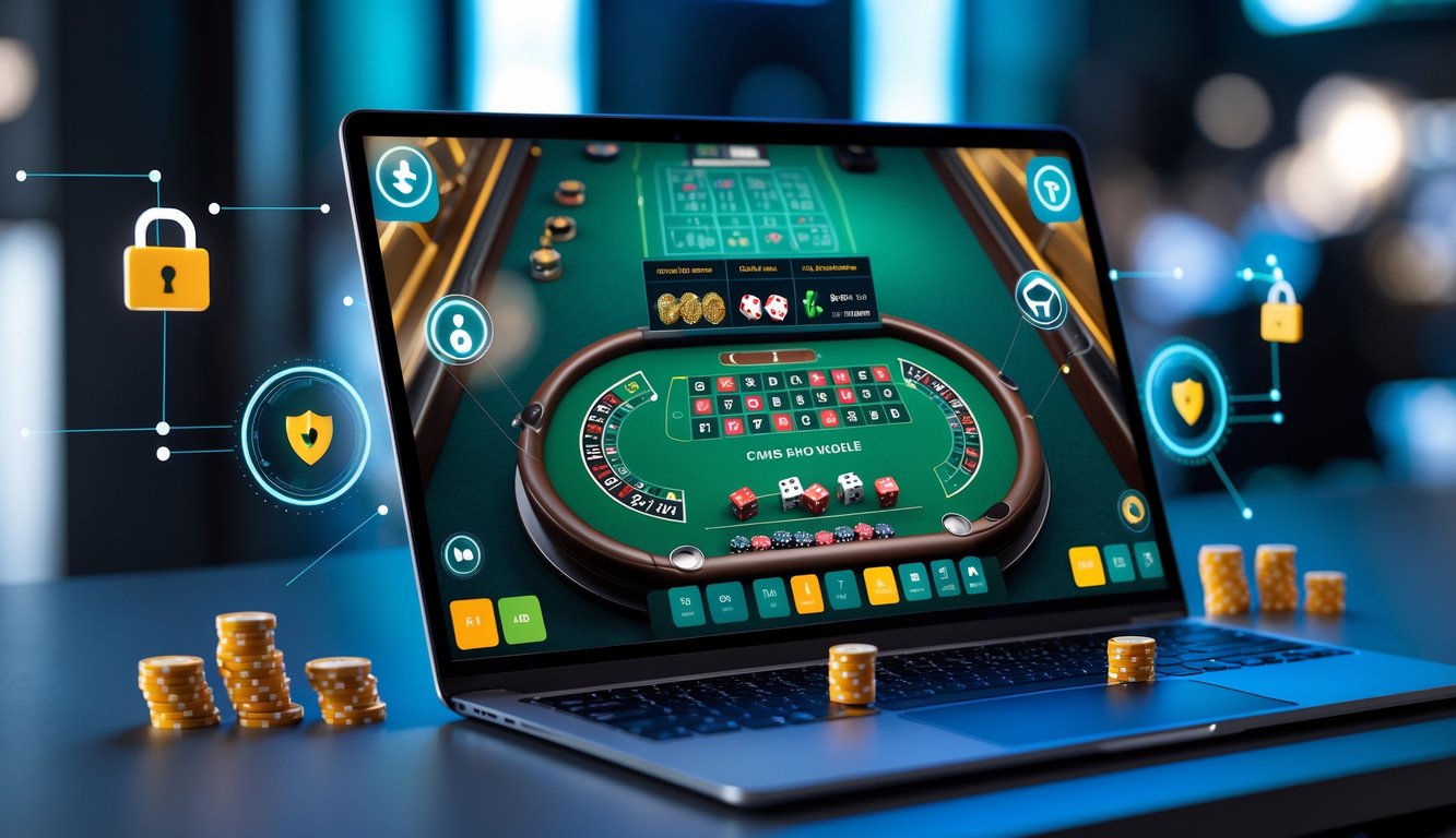 Sebuah meja permainan craps online yang ditampilkan di layar komputer dengan dadu dan chip, dikelilingi oleh simbol keamanan dan transaksi cepat.
