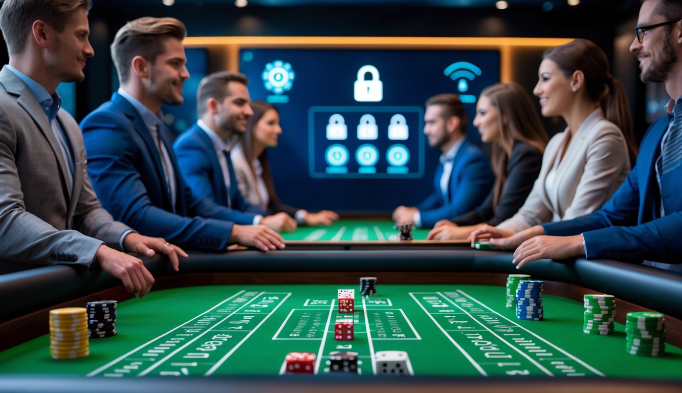Suasana kasino modern dengan meja craps digital dan pemain yang fokus bermain, menampilkan teknologi transaksi cepat dan keamanan terjamin.