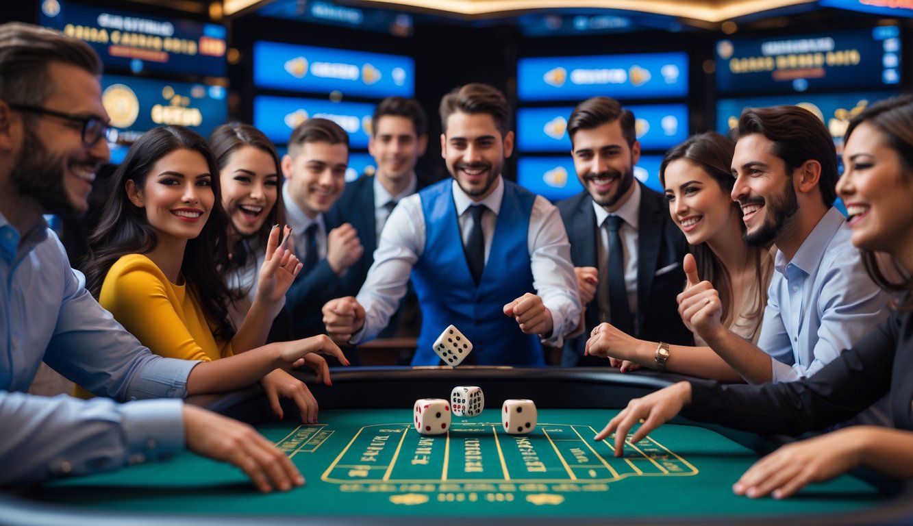 Suasana meja kasino dengan dadu yang sedang dilempar dan pemain yang antusias bermain craps secara online.