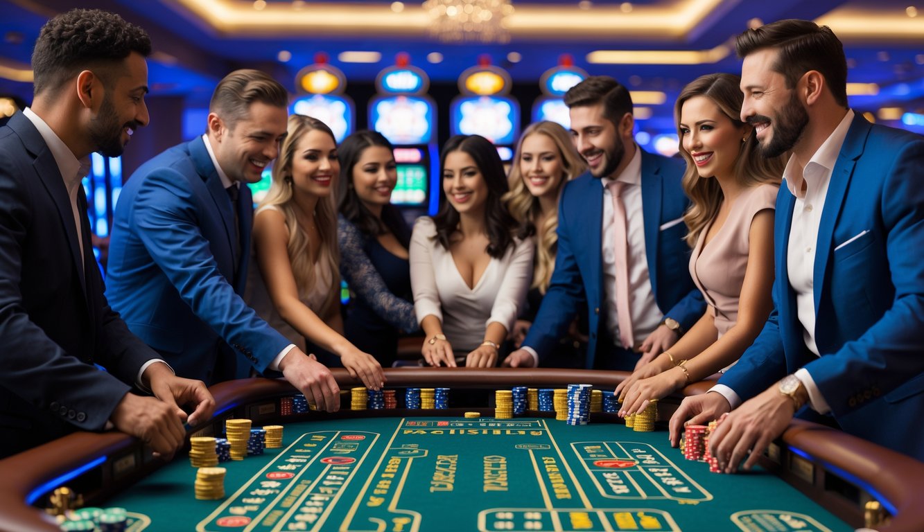 Orang-orang bermain permainan craps di meja kasino dengan suasana yang ramai dan mewah.