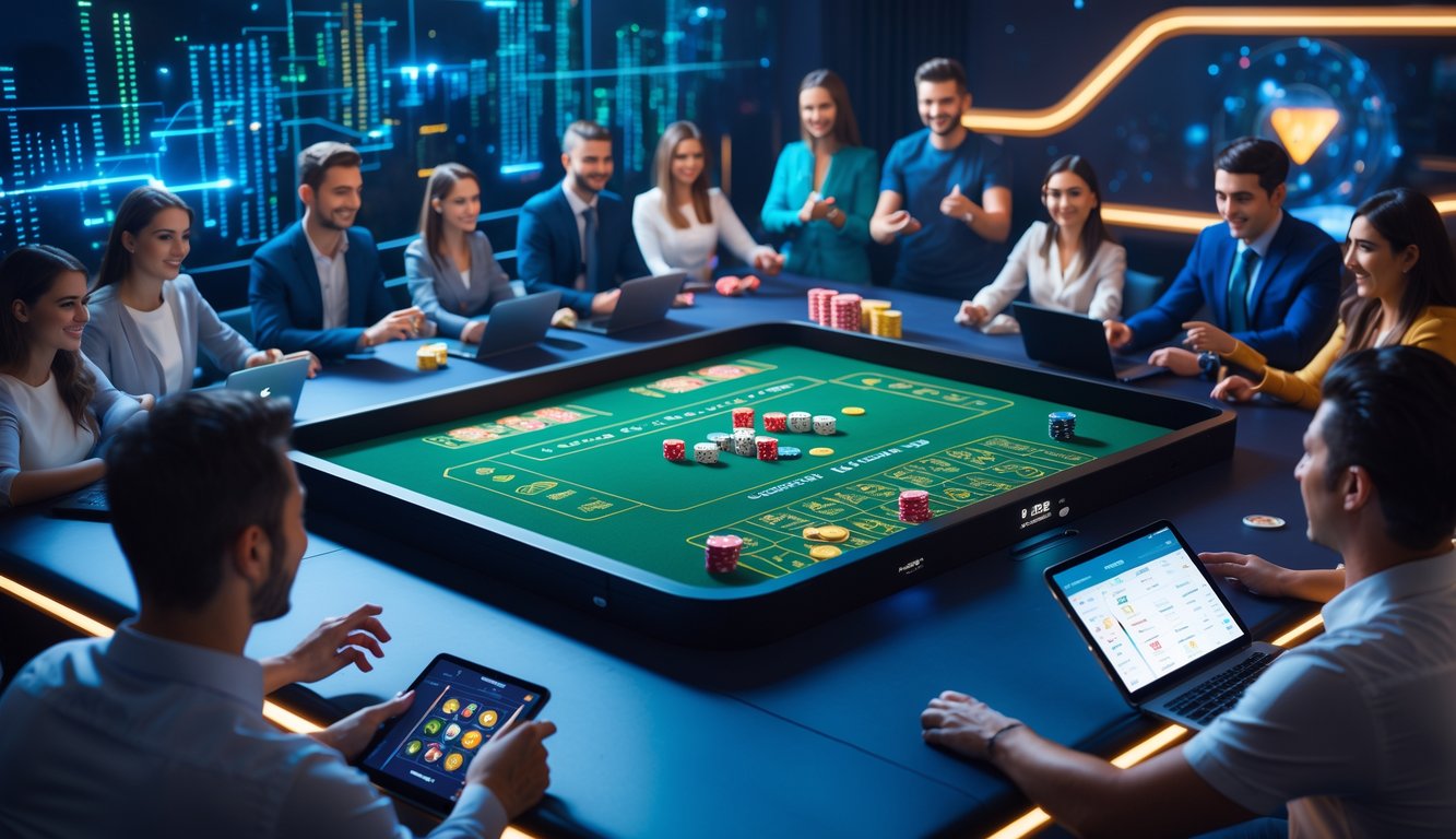 Suasana kasino online dengan meja permainan craps digital dan pemain yang menggunakan perangkat elektronik untuk bermain.
