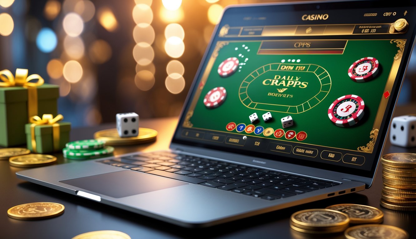 Layar laptop menampilkan permainan craps kasino online dengan dadu yang sedang dilempar dan koin serta kartu loyalitas di sekitarnya.