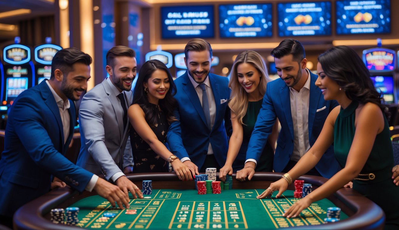 Sekelompok orang bermain dadu di meja casino dengan suasana ramai dan modern.